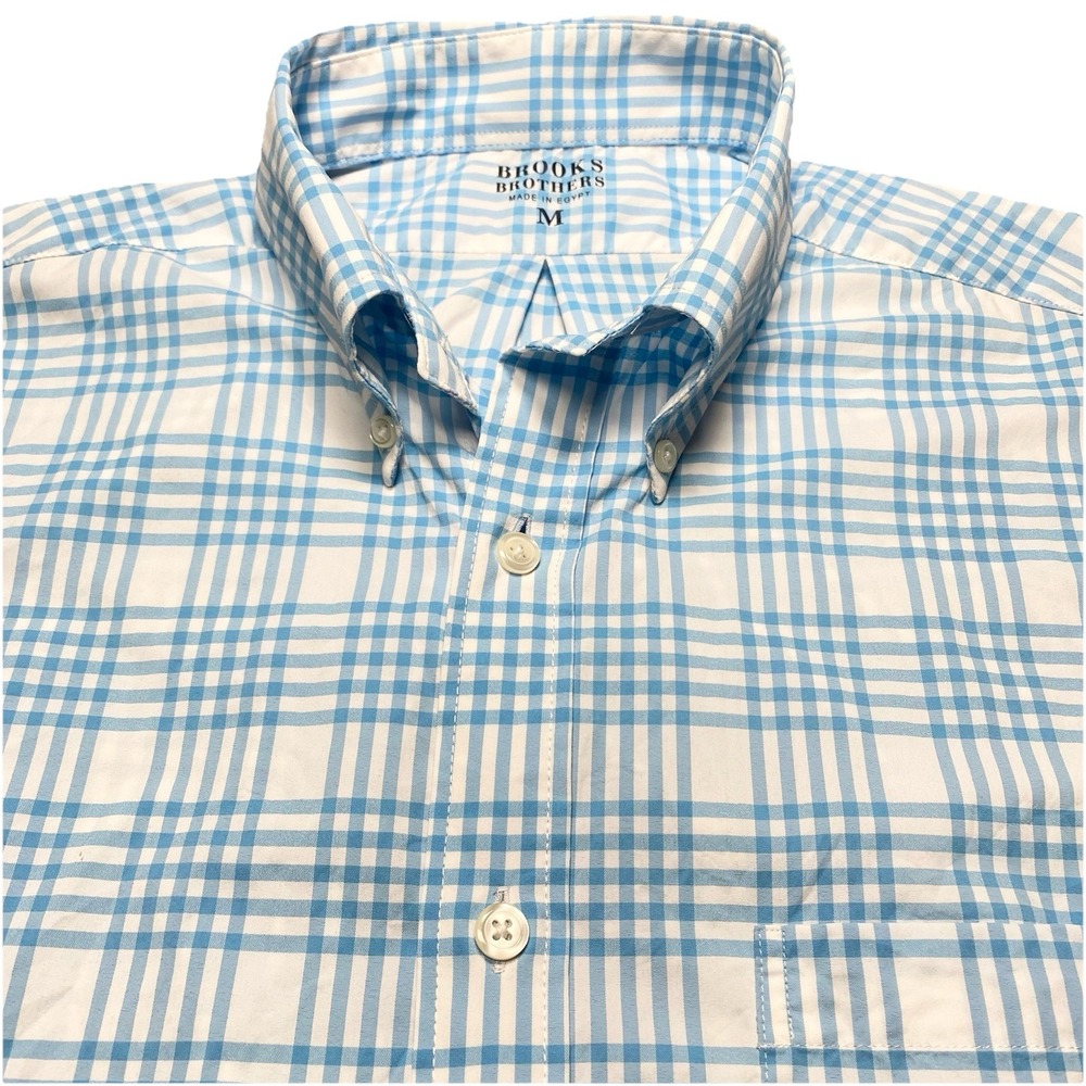 Brooks Brothers Shirt M Mens S/S Button Down Performance Light Blue Plaid